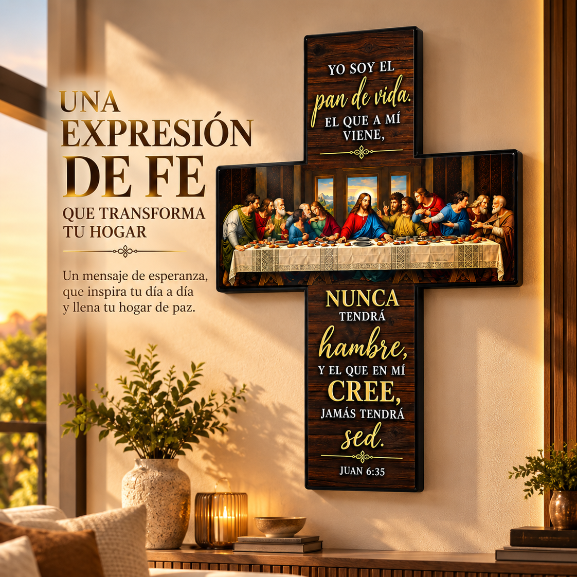 ✨ Cruz Decorativa Religiosa – La Última Cena y el Mensaje de Juan 6:35 ❤️🙏