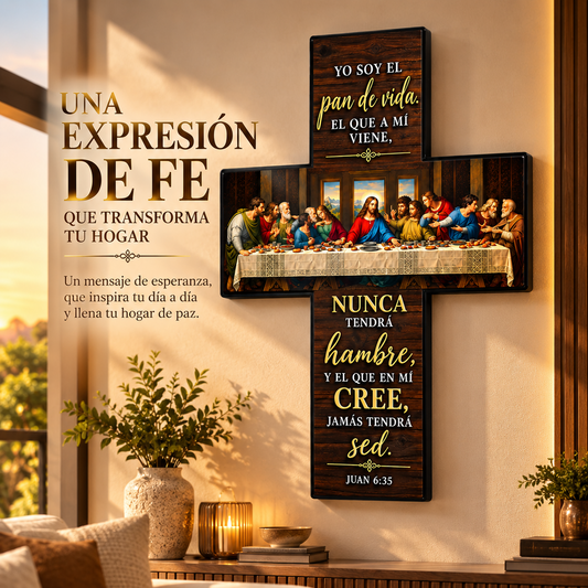 ✨ Cruz Decorativa Religiosa – La Última Cena y el Mensaje de Juan 6:35 ❤️🙏